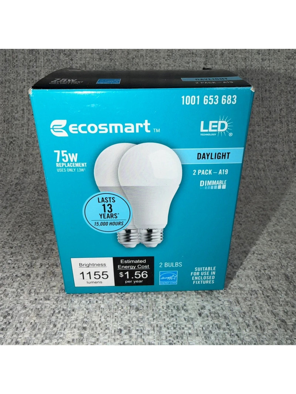 New EcoSmart 2 Pack LED A19 Daylight 75W Replacement 13W 5000K Dimmable Bulbs